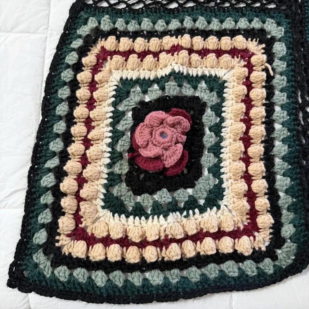 Hand Crocheted Granny Square Afghan Throw Blanket Floral 70